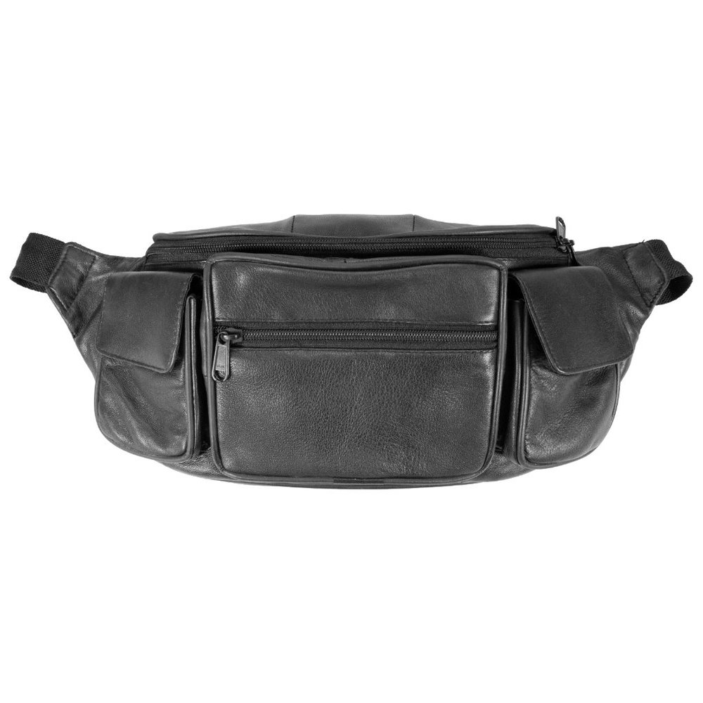 Leather Fanny Pack Multi Zippered Waist Bag Hip Belt Bag for Unisex, Black - Picture 4 of 10